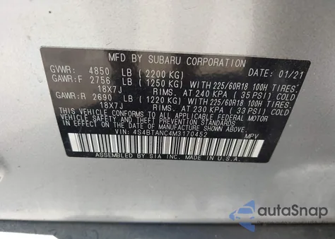 2021 Subaru Outback Limited z USA, uszkodzony, nr VIN 4S4BTANC4M3170452